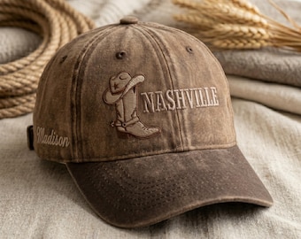 Embroidered Cotton Washed Cap: Nashville Cowboy Boot Design - Tone on tone