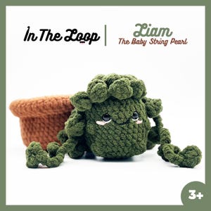 Peut inclure: Un jouet plante en crochet vert fait à la main avec un visage souriant et des vignes. Le jouet est à côté d'un pot en crochet marron. Les textes "In The Loop" et "Liam The Baby String Pearl" sont visibles. Le jouet est marqué pour les âges 3+.