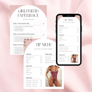 Op de afbeelding: Een smartphone met een digitaal menu, samen met twee gedrukte menu's in roze en wit. De menu's beschrijven diensten zoals video's, foto's en sexting, met prijzen. De tekst "GIRLFRIEND EXPERIENCE" staat bovenaan een menu.