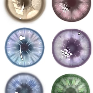 May include: A collection of six digital eye illustrations. The eyes vary in color, including shades of brown, pink, blue, purple, and green. Each eye features intricate details and patterns, with some incorporating snowflake or star-like designs.