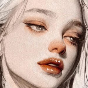 May include: A detailed pencil drawing of a woman's face. The artwork features soft, blended shading, highlighting the eyes, lips, and nose. The lips are a glossy, warm brown, and the eyes are accented with dark eyeliner. The overall color palette is muted with a focus on skin tones.