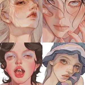 May include: A digital art collage featuring four portraits of individuals with detailed facial features. Each portrait showcases unique hairstyles, makeup, and expressions, with a focus on soft lighting and skin tones. The artwork has a painterly style.
