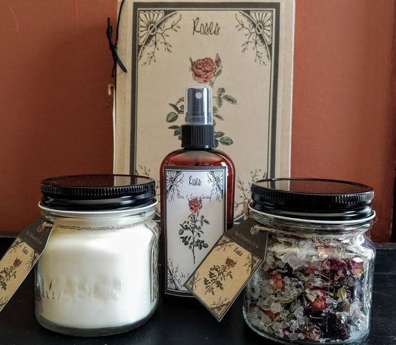 Hand Made Spring Flowers Gift Box ~ Hand Poured Soy wax candle~ Room Spray ~ Jar Potpourri~Roses