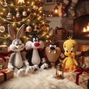 May include: Four crocheted plush figures featuring a grey rabbit, a black and white cat with a red nose, a brown creature with white fangs, and a yellow bird. The figures are arranged on a white faux fur surface in front of a Christmas tree.
