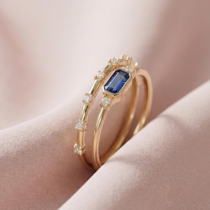 Blue Sapphire Ring Set – Bezel Set Moissanite Accents, Gold Stacking Bands