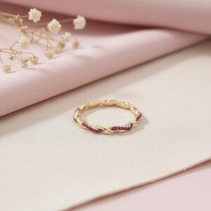 Twisted Gold Ring with Lab-Grown Pink Gems, Dainty Braided Stackable Ring Band