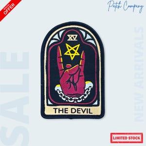 The Devil Tarot Card Patch, XV Occult Embroidered Iron On, Gothic Rock Hand Pentagram Badge, Witchy Aesthetic Accessory for Jackets and Bags