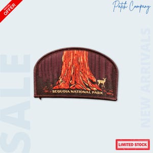 May include: A maroon patch featuring a detailed illustration of a giant sequoia tree with a deer. The patch has the text "EST. SEQUOIA NATIONAL PARK 1890". The patch is bordered with a stitched edge.