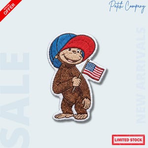 May include: Embroidered patch featuring a cartoon monkey wearing a red and blue hat and holding a small American flag. The monkey is brown with a smiling expression. The patch has a white border and the text "Patch Company".