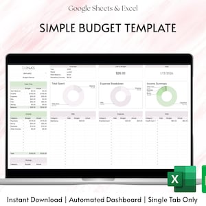 May include: A digital budget template for Google Sheets and Excel displayed on a laptop screen. The dashboard features a Luna's Budget Planner with tables for cash flow, income, bills, expenses, and debt, alongside pie charts for visual data analysis.