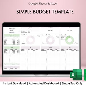 May include: A laptop screen displaying a digital budget template for Google Sheets and Excel titled Luna's Simple Budget Template. The interface features a cash flow table, expense breakdown, income summary, and pie charts with green and white accents.