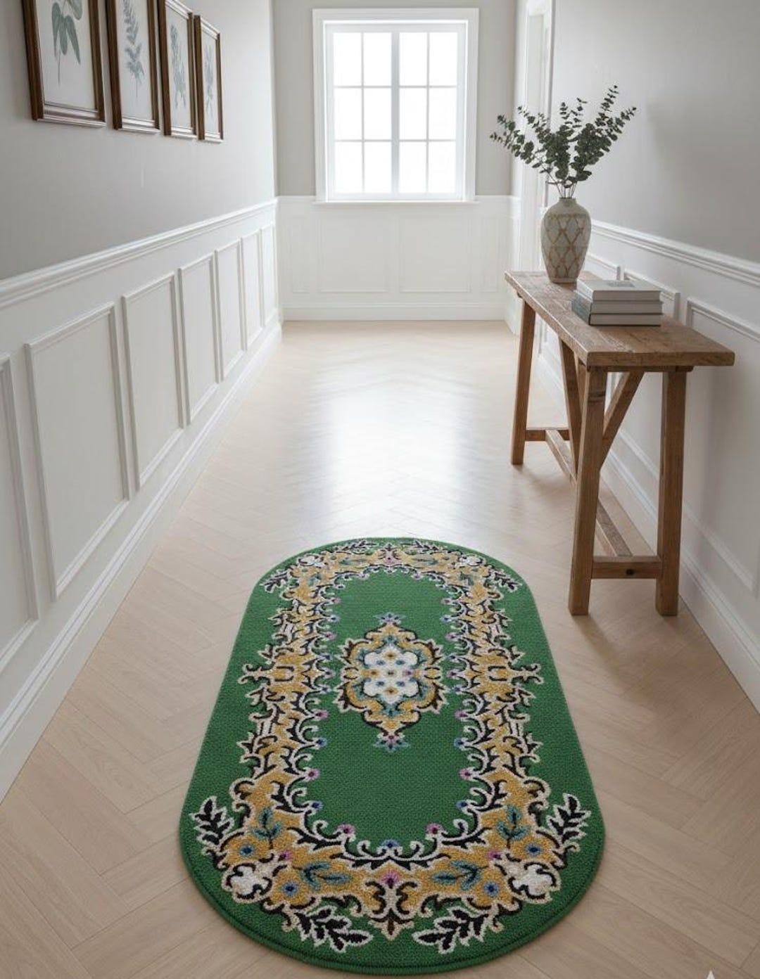 Handmade Green Oval Rug – Vintage Medallion Wool Carpet for Living Room ...