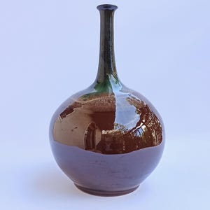 Vintage Ceramic Vase Brown Green Glaze • Mid Century Style Pottery • Tall Narrow Neck Decor • Collectible Handmade Studio Piece
