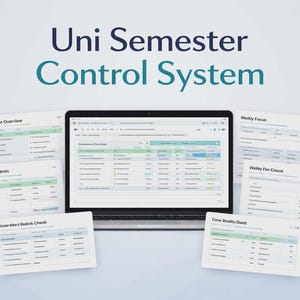 Puede incluir: Un portátil que muestra una interfaz de sistema de control semestral, rodeado de varios documentos. El texto "Uni Semester Control System" está en la parte superior. Los documentos muestran tablas de datos con resaltes verdes y azules.