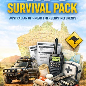 May include: An image promoting a 4x4 Survival Pack, with the text "4x4 Survival Pack Australian Off-Road Emergency Reference". The image features a 4x4 vehicle, an Australian map, a radio, a first aid kit, and survival equipment.