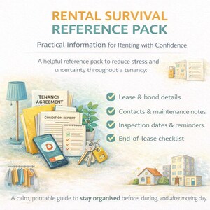May include: Illustration of a "Rental Survival Reference Pack" with text and images. Includes a lamp, documents, keys, a phone, and a clothes rack. The text highlights practical information for renting, including lease details and checklists.