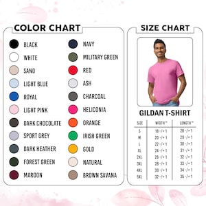 May include: A colour chart and size chart for a Gildan t-shirt. The colour chart lists black, white, sand, light blue, royal, light pink, dark chocolate, sport grey, dark heather, forest green, maroon, navy, military green, red, ash, charcoal, heliconia, orange, irish green, gold, natural, and brown savana. The size chart includes measurements in inches for sizes S through 5XL.