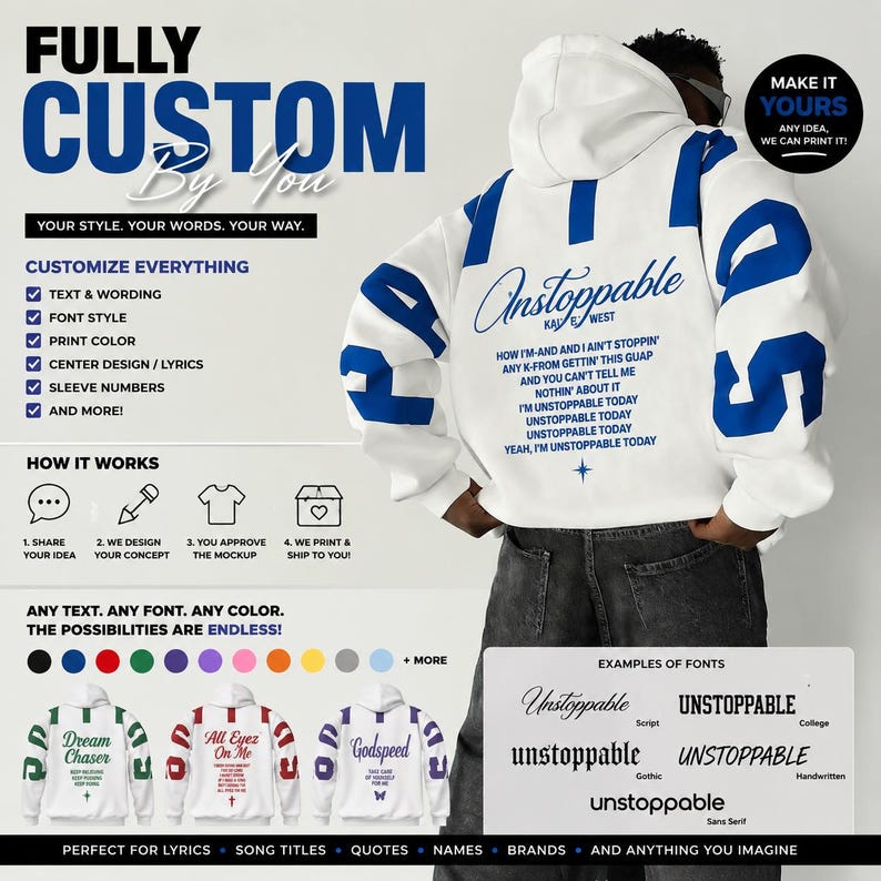 Puede incluir: Una sudadera con capucha blanca con texto y gr&aacute;ficos azules en la espalda, que incluye la palabra Unstoppable, letras de canciones y n&uacute;meros azules grandes en las mangas. El dise&ntilde;o muestra opciones de texto, fuentes y una gu&iacute;a de uso.