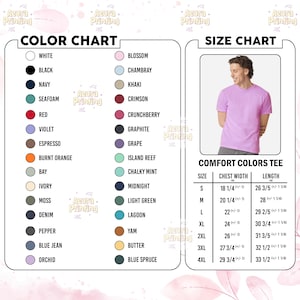 Puede incluir: Una carta de colores y tabla de tallas para una camiseta Comfort Colors de Azura Printing. La carta de colores incluye blanco, negro, marino, espuma de mar, rojo, violeta, espresso, naranja quemado, bah&iacute;a, marfil, musgo, mezclilla, pimienta, azul jean, orqu&iacute;dea, flor, chambray, caqui, carmes&iacute;, crunchberry, grafito, uva, arrecife, menta, medianoche, verde claro, laguna, &ntilde;ame, mantequilla y abeto azul. La tabla de tallas muestra una camiseta morada clara y medidas en pulgadas.