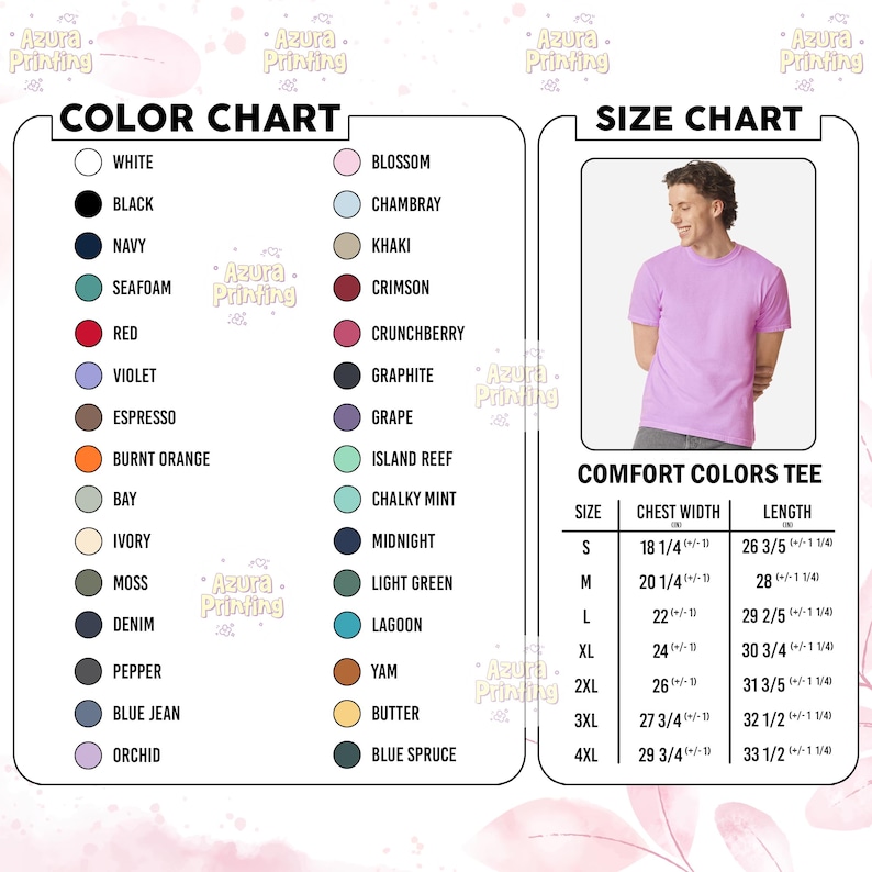 Puede incluir: Una carta de colores y tabla de tallas para una camiseta Comfort Colors de Azura Printing. La carta de colores incluye blanco, negro, marino, espuma de mar, rojo, violeta, espresso, naranja quemado, bah&iacute;a, marfil, musgo, mezclilla, pimienta, azul jean, orqu&iacute;dea, flor, chambray, caqui, carmes&iacute;, crunchberry, grafito, uva, arrecife, menta, medianoche, verde claro, laguna, &ntilde;ame, mantequilla y abeto azul. La tabla de tallas muestra una camiseta morada clara y medidas en pulgadas.