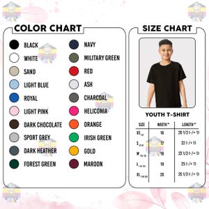 May include: A colour chart listing black, white, sand, light blue, royal, light pink, dark chocolate, sport grey, dark heather, forest green, navy, military green, red, ash, charcoal, heliconia, orange, irish green, gold, and maroon t-shirts.