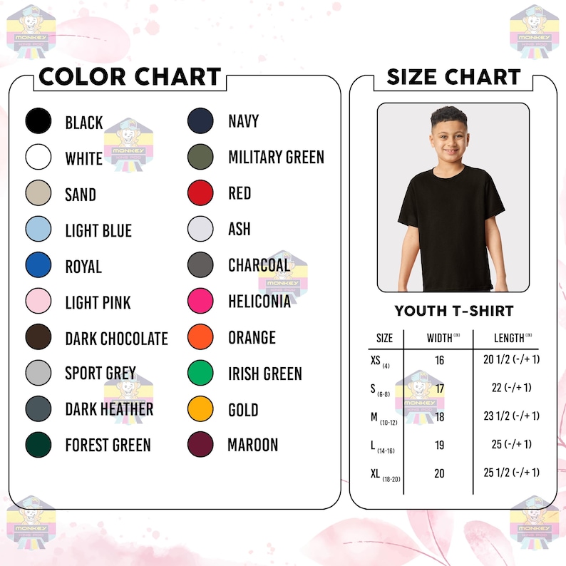 May include: A colour chart listing black, white, sand, light blue, royal, light pink, dark chocolate, sport grey, dark heather, forest green, navy, military green, red, ash, charcoal, heliconia, orange, irish green, gold, and maroon t-shirts.