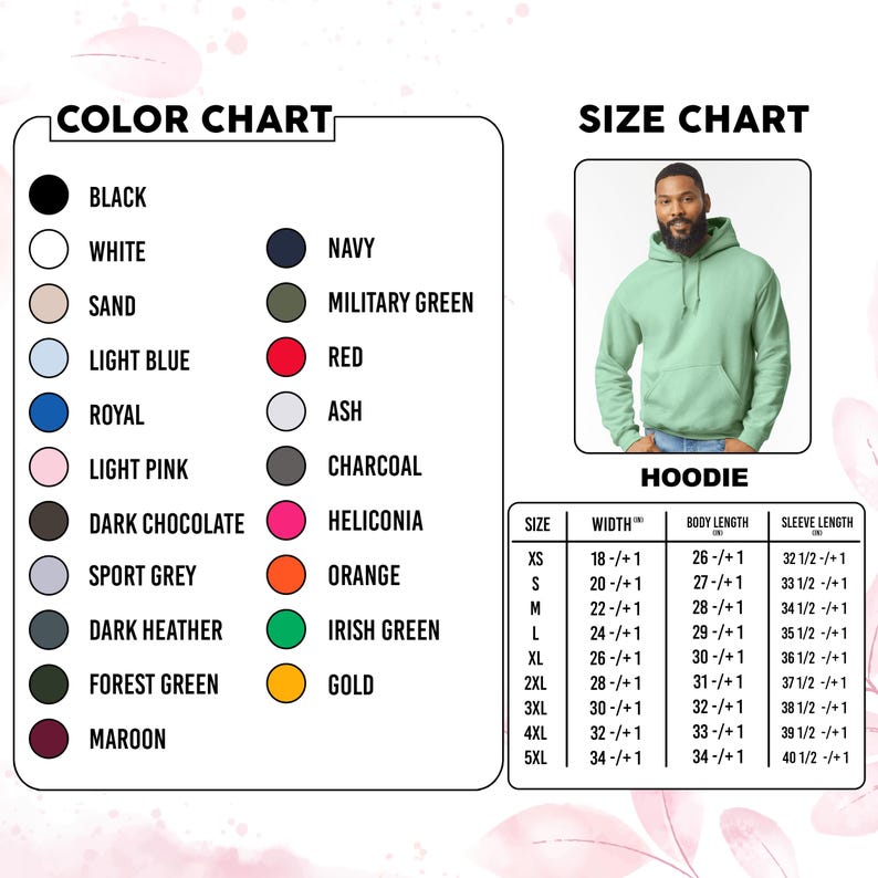 May include: A colour chart listing black, white, sand, light blue, royal, light pink, dark chocolate, sport grey, dark heather, forest green, maroon, navy, military green, red, ash, charcoal, heliconia, orange, irish green, and gold.