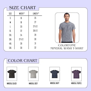 May include: A Colortone mineral wash t-shirt size chart and colour chart. The size chart lists widths and lengths in inches for sizes S through 5XL. The colour chart displays four t-shirt options: mineral black, mineral grey, mineral navy, and mineral purple.