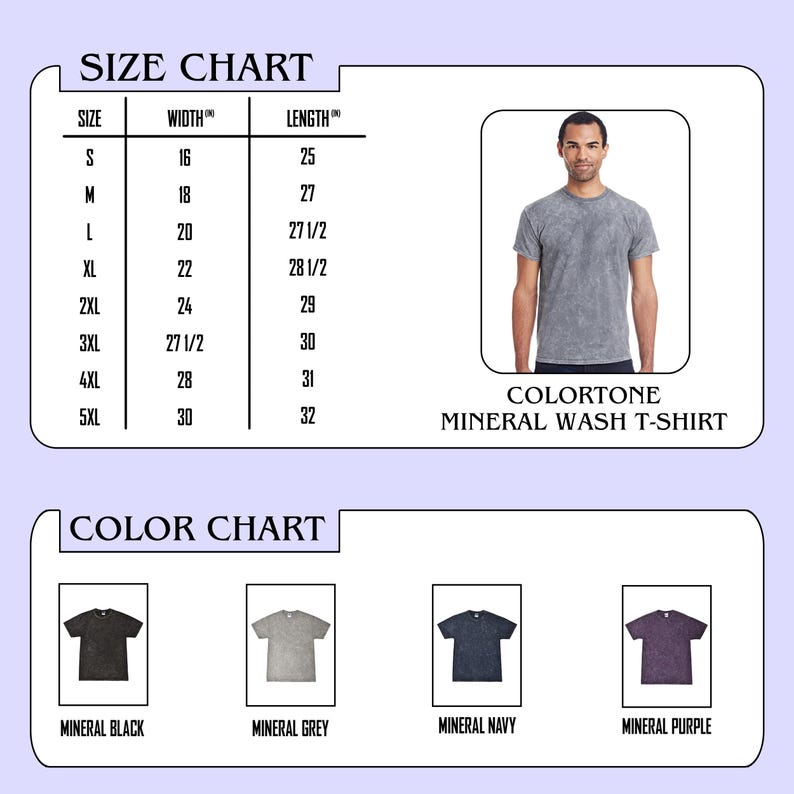 May include: A Colortone mineral wash t-shirt size chart and colour chart. The size chart lists widths and lengths in inches for sizes S through 5XL. The colour chart displays four t-shirt options: mineral black, mineral grey, mineral navy, and mineral purple.