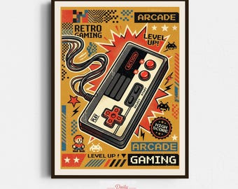 May include: Framed retro gaming art print featuring a classic game controller with red buttons and a directional pad. The artwork has a yellow background with the words "Retro Gaming", "Arcade", and "Level Up!" in a vintage style.