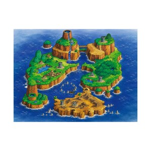May include: A colorful, detailed illustration of a fantasy island map surrounded by blue ocean water. The landscape features green hills, rocky cliffs, a central volcano with a waterfall, several stone castles, small houses, and green pipes.
