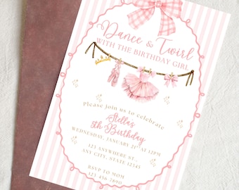 May include: A pink and white invitation with the text "Dance & Twirl" and "Stella's 5th Birthday." The invitation features a watercolor illustration of ballet-themed items, including a tutu, ballet shoes, and a crown. The invitation is paired with a brown envelope.