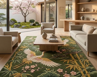 Crane Hand Tufted Wool Rug, Green Floral Japanese Style Area Rug Luxury Home