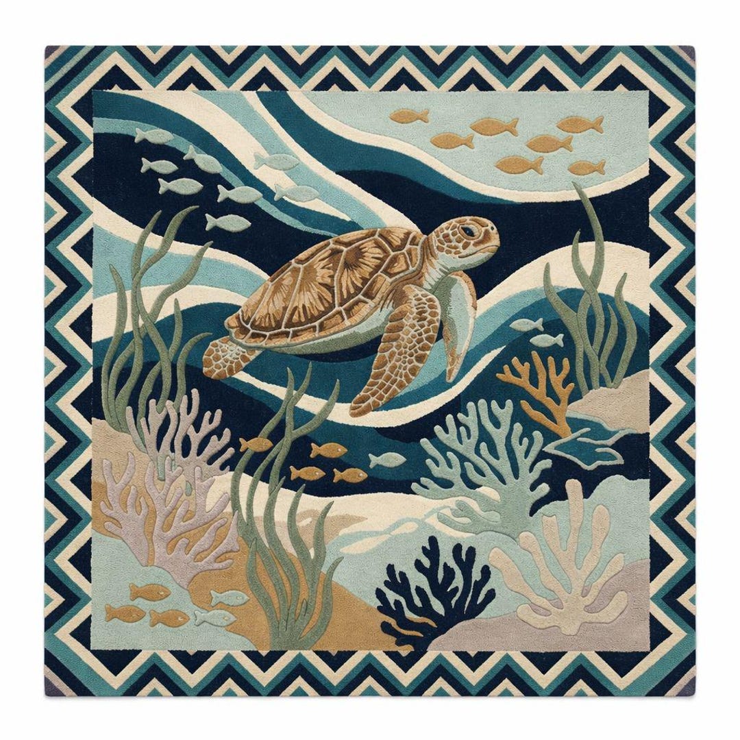 Coastal Turtle Rug, Hand Tufted Wool Ocean Theme Blue Area Carpet Rugs ...