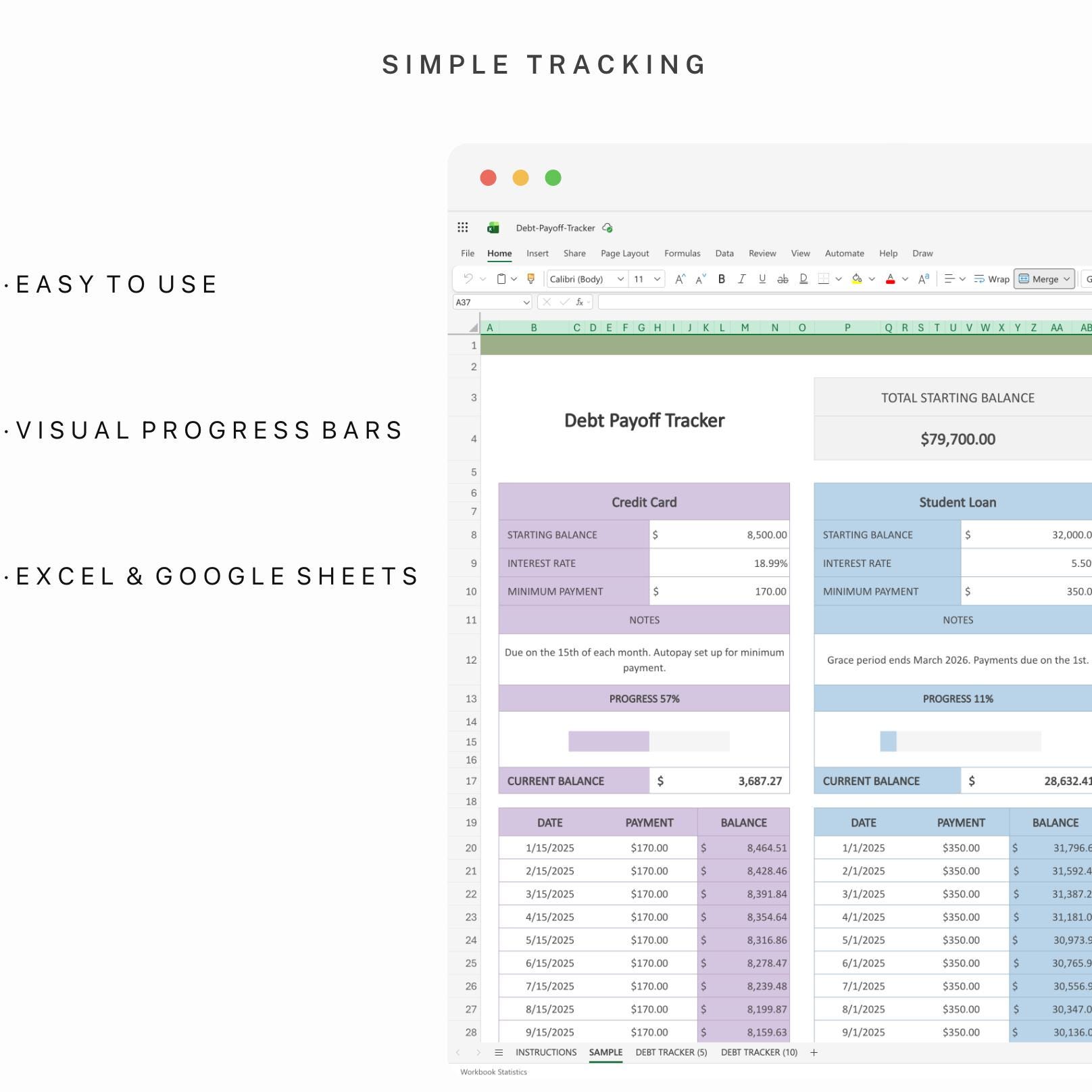 Debt Payoff Tracker Excel Template | Google Sheets Budget Planner | 10