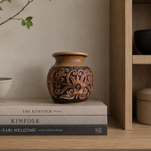 May include: A decorative ceramic vase in shades of brown and tan, featuring detailed dark brown floral designs. The vase is placed on a stack of books, including "THE KINFOLK HOME" and "WABI-SABI WELCOME". A small, light-coloured bowl is to the left.