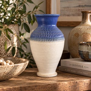 1987 Signed DWM Studio Pottery Vase, Blue Glazed Stoneware, Textured Cream Body