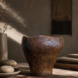May include: A textured, brown ceramic vase with a wide opening and a distinctive shape. The vase has a rough, crosshatched surface and sits on a wooden table. Other items on the table include a small plate with stones and a tall, cylindrical vase.