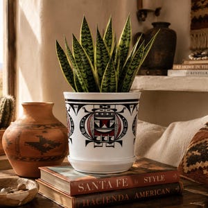 May include: A white ceramic plant pot with a black and red geometric design, containing a snake plant with green and yellow leaves. The pot sits on books titled "Santa Fe Style". A terracotta vase and cactus are also visible.
