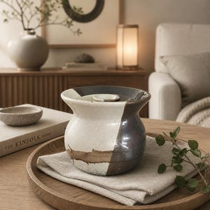 May include: A two-tone ceramic jar, with a speckled white and dark grey finish, sits on a wooden tray with a linen napkin. The jar has a small lid and a brown band. The Kinfolk Home book is visible.