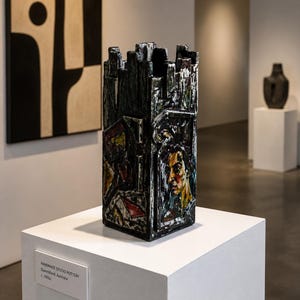 May include: A tall, rectangular ceramic vase with a dark, textured, multi-faceted surface. The exterior features relief panels, including a painted portrait of a person and geometric shapes in red, yellow, and blue, with a jagged, uneven top rim.