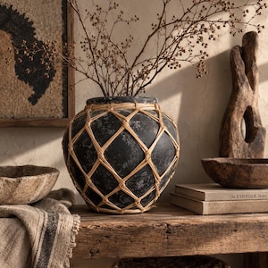 May include: A round, matte black ceramic vase featuring a textured, weathered surface and a decorative light brown woven rattan net overlay. The vase has a wide, rounded body and a short, narrow neck, containing thin, dried brown branches.
