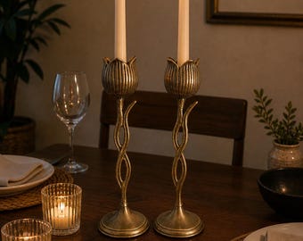 Vintage Brass Tulip Candle Holders – Sculptural Floral Pair