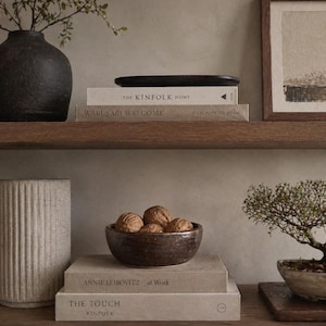 May include: A display of home decor items on wooden shelves. A black vase with greenery, a black dish, and framed art are on the top shelf. The bottom shelf holds a ceramic bowl with walnuts, books, a textured vase, and a bonsai tree.