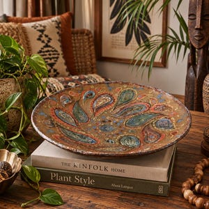 May include: A round, shallow ceramic bowl with a textured, mottled brown surface featuring a repeating pattern of raised, colourful paisley shapes in shades of teal, blue, and orange, resting on top of two stacked hardcover books on a wooden surface.