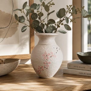 May include: A textured off-white ceramic vase with a flared rim and a rounded body, featuring a hand-painted pattern of small pink flowers and dark stems. The vase contains a sprig of green eucalyptus leaves with small round foliage.