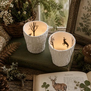 May include: Two white textured votive candle holders with woodland silhouettes of trees and a deer. The candle holders are on a vintage book. A basket of flowers and a framed picture are in the background.
