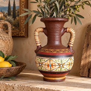May include: A brown ceramic vase with two handles wrapped in light-coloured wicker. The vase features a wide neck and a rounded body decorated with horizontal bands of red and black, and a central section with a white floral pattern in green and orange.