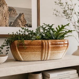May include: An elongated, rectangular ceramic planter featuring a gradient glaze that transitions from a deep, warm brown at the top to a lighter, speckled cream at the base, with vertical ribbed detailing along the front and sides.