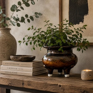May include: A dark brown, three-legged ceramic planter with a glossy finish containing a green leafy plant. It sits next to a stack of three books, a small wooden bowl, a textured beige vase, a lit candle, and a round stone object.
